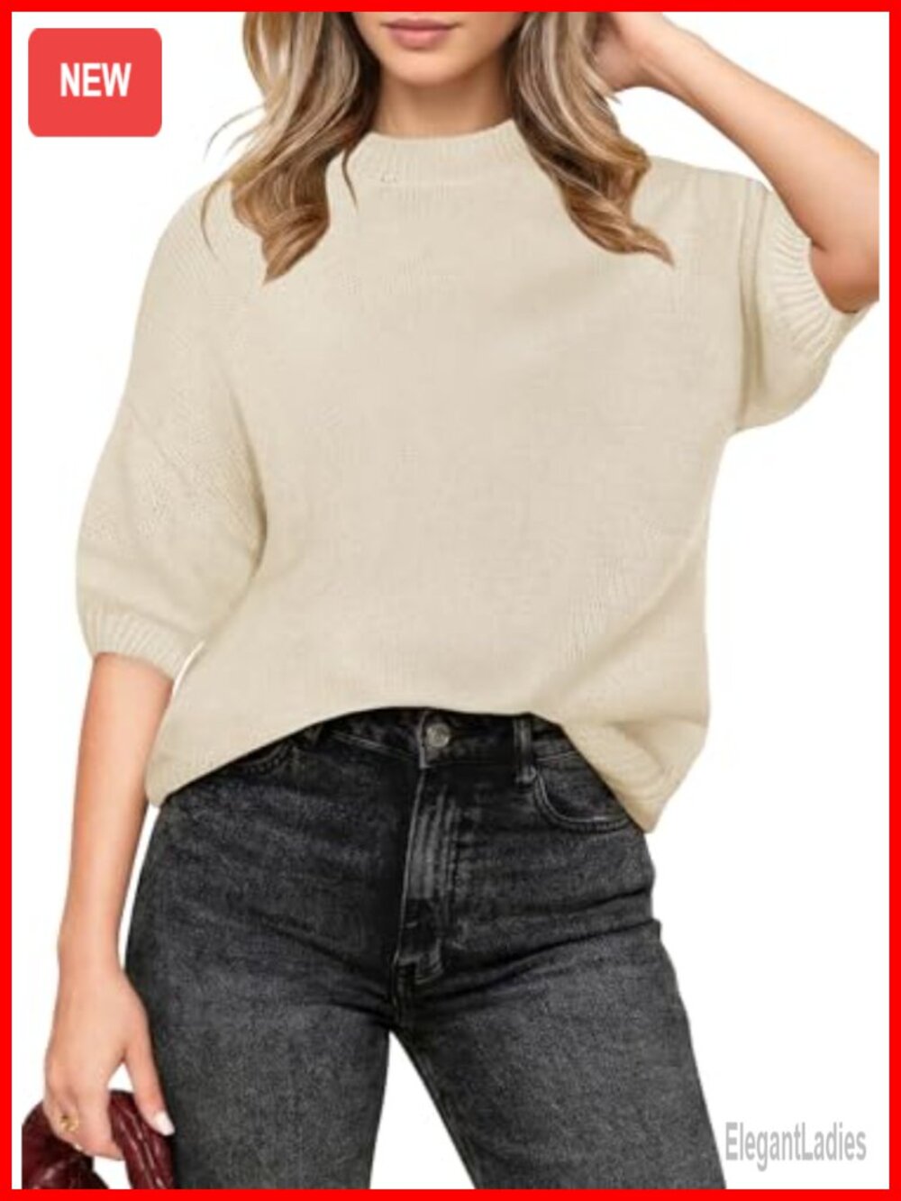 Womens Puff Short Sleeve Cropped Sweater Oversized Lightweight Knit Top